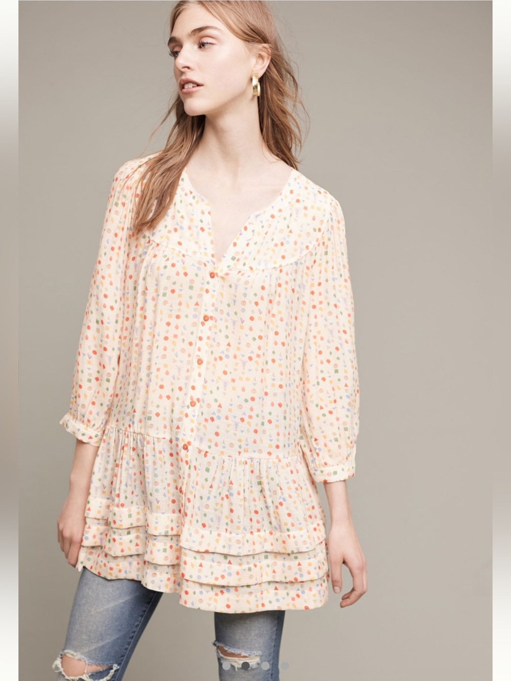 Maeve Anthropologie Paccia Tunic Top Boho Festival Tiered Button Front Size Med